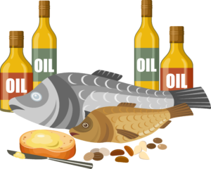 Piirroskuvassa ruokaöljypulloja, kaloja, pähkinöitä ja leipärasvaa.