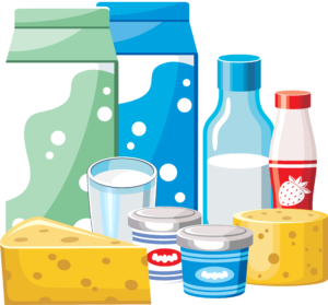Piirroskuvassa maitotuotteita ja juustoja.