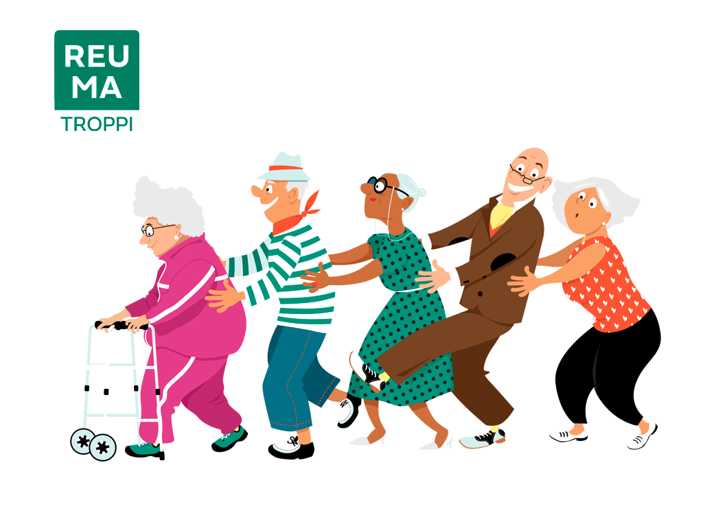 Piirroskuvassa ikäihmisiä tanssimassa letkajenkkaa.