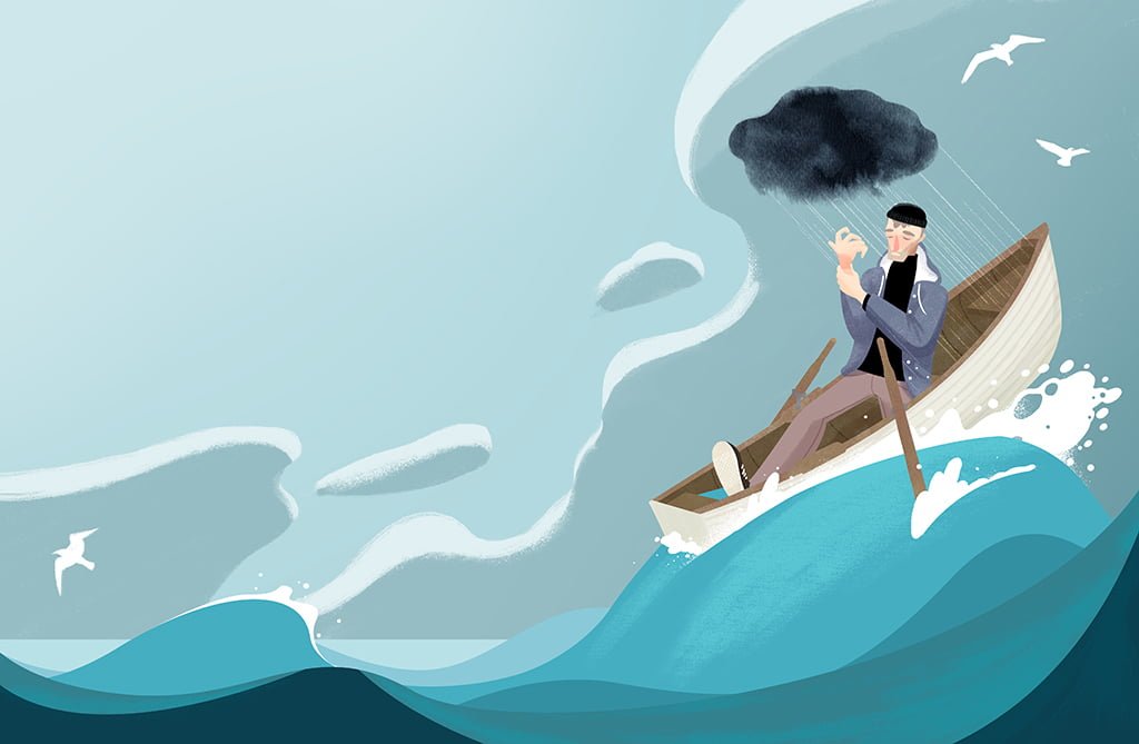 Piirroskuva, jossa mies on soutuveneellä yksin suurilla aalloilla ja pieni musta sadepilvi seuraa hänen päänsä yläpuolella.