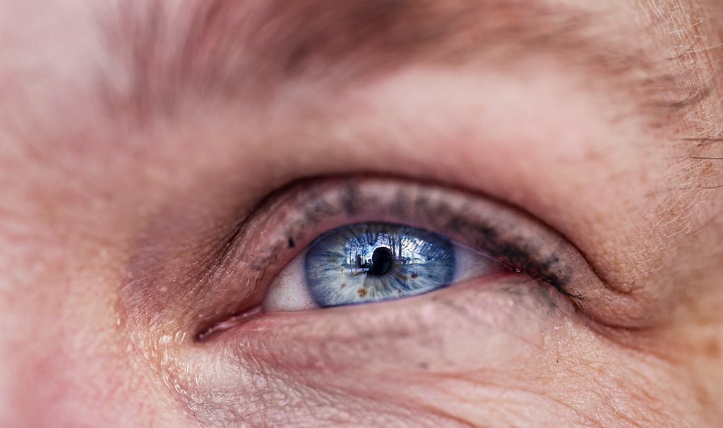 Lähikuva iäkkään ihmisen sinisestä silmästä, josta heijastuu maisema.