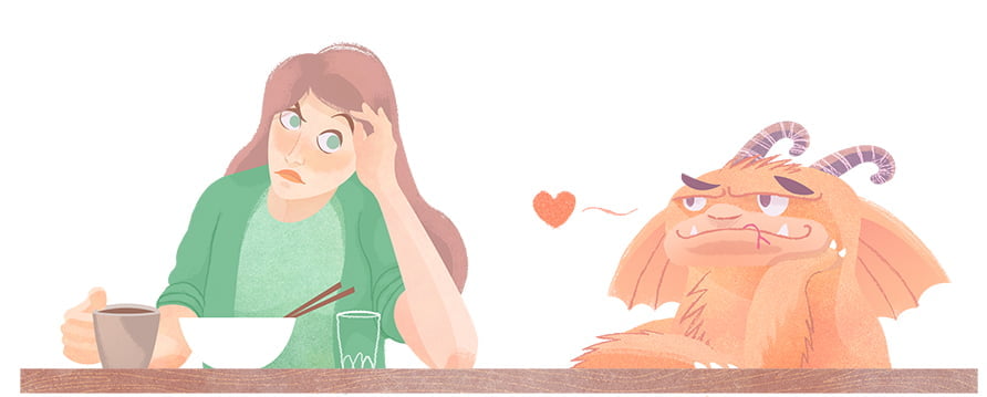 Piirroskuva, jossa sarvipäisen olennon läsnäoloon tympääntynyt nainen juo kahvilassa kahvia.