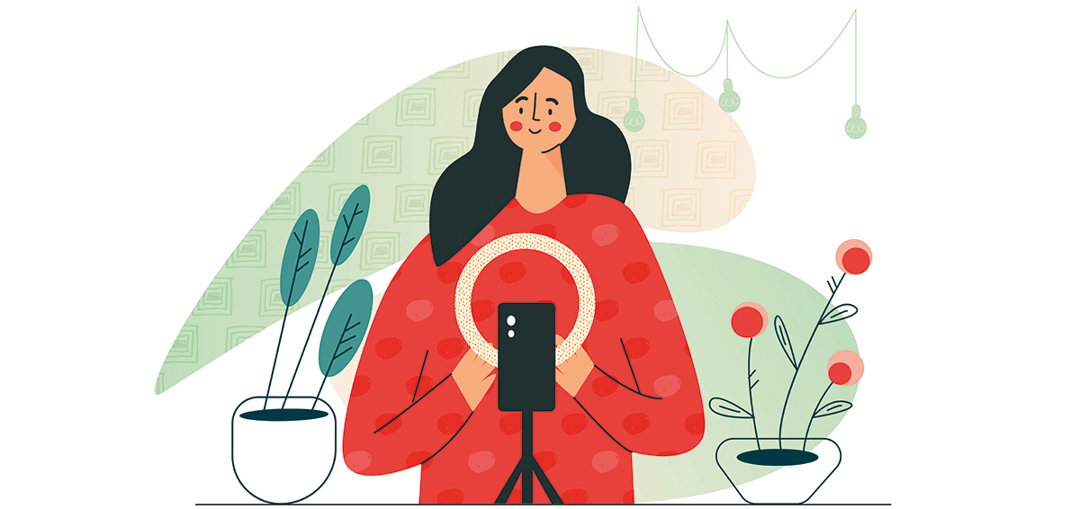 Piirroskuvituksessa nainen kuvaa puhelimella videota, ympärillä huonekasveja ja lamppuja.