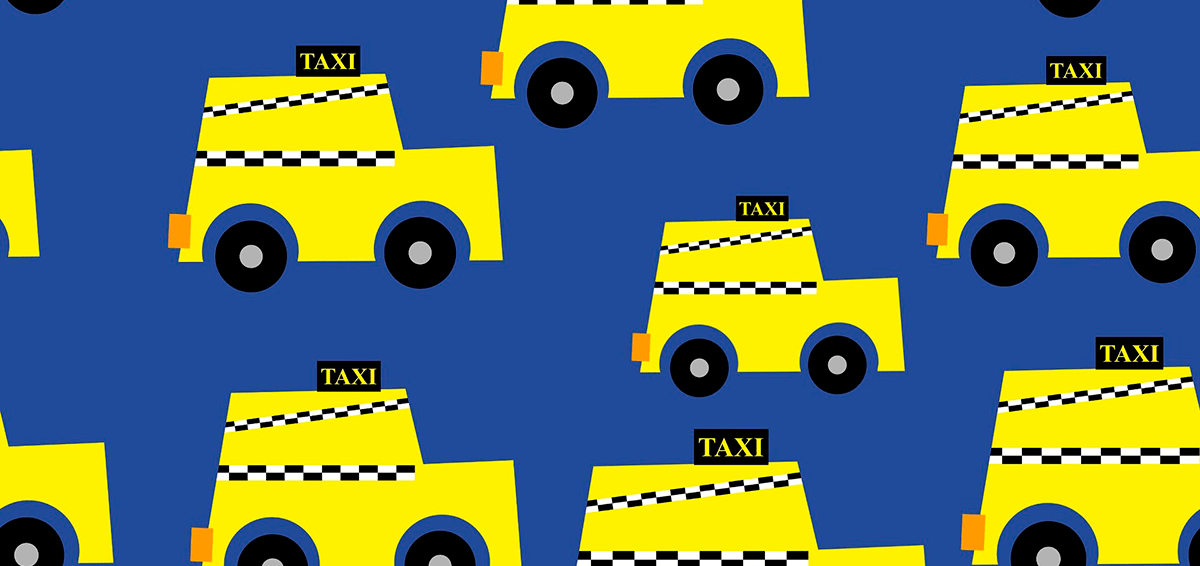 Piirroskuvituksessa keltaisia taksiautoja sinisellä taustalla.