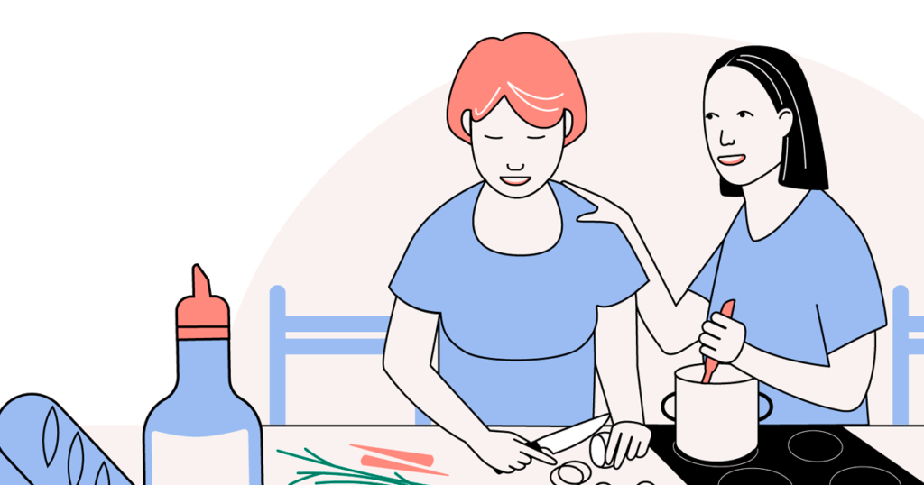Piirroskuvassa kaksi naista laittaa ruokaa.