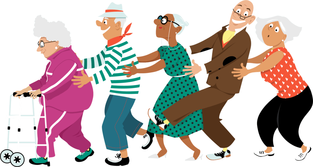 Piirroskuva, jossa hahmoja tanssimassa