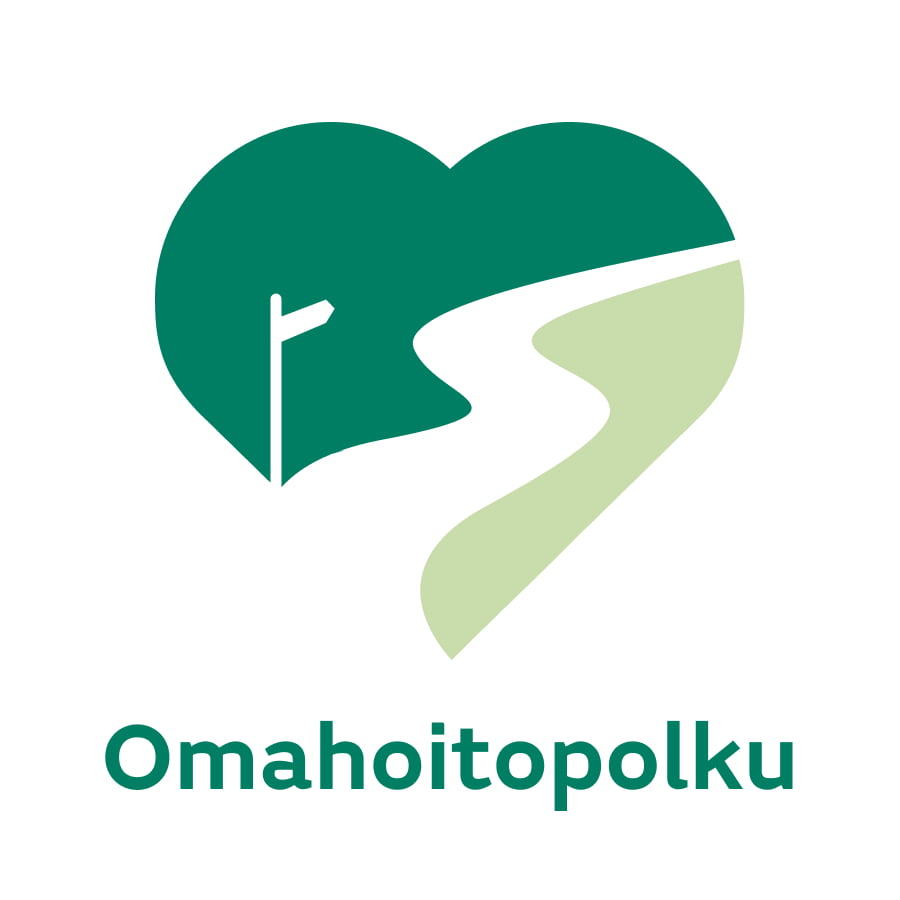 Omahoitopolku-hankkeen logo, jossa sydämen keskellä kulkee polku ja tienviitta opastaa polulle.