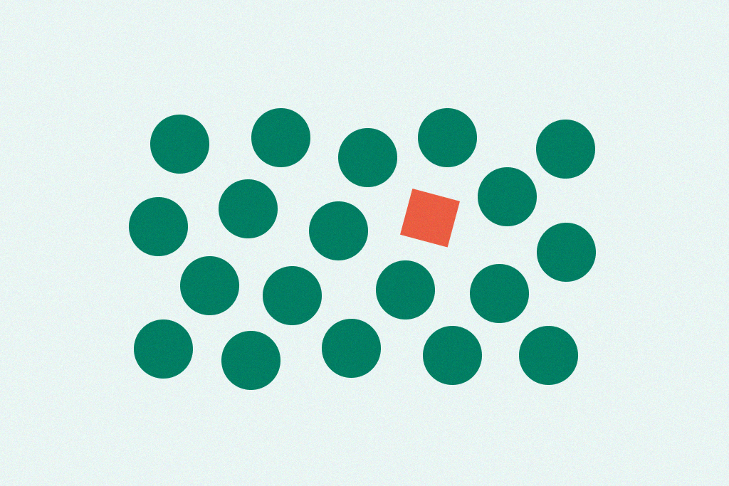 Joukko vihreitä ympyröitä ja yksi oranssi neliö.