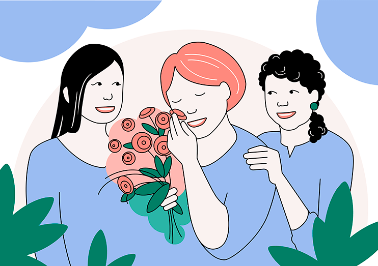 Piirroskuvassa kolme naista, keskimmäinen haistelee kukkakimppua.