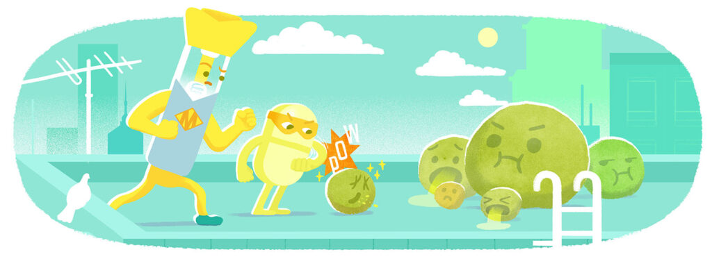 Piirroskuvitus, jossa keltainen lääkeruisku ja tabletti hyökkäävät kohti vihreitä palleroita.