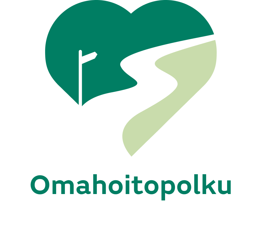 Omahoitopolku-hankkeen logo, jossa sydämen keskellä kulkee polku opastekyltteineen.