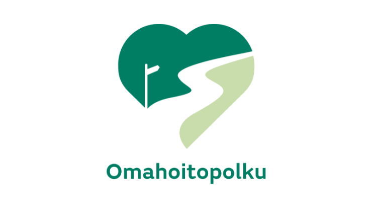 Omahoitopolku-hankkeen logo, jossa vihreän sydämen keskellä kulkee viitoitettu polku.