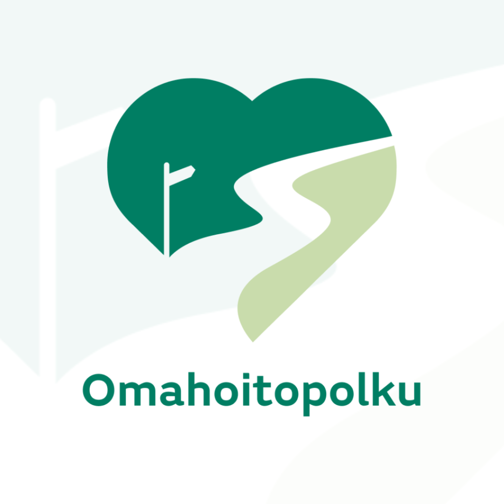 Omahoitopolku-hankkeen logo, jossa vihreän sydämen keskellä kulkee viitoitettu polku.