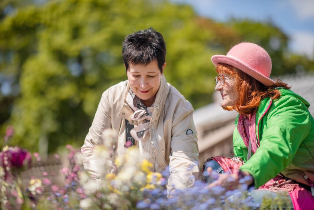 Kaksi henkilöä on kumartuneena kukkaistutuksen yläpuolella ja hymyilee toisilleen.
