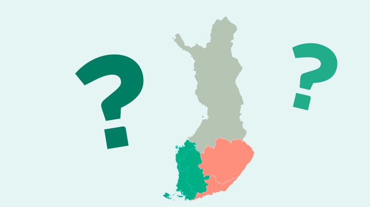 Suomen kartta, jossa Länsi- ja Sisä-Suomi vihreällä, Etelä- ja Itä-Suomi oranssilla ja Pohjois-Suomi harmalla. Kartan ympärillä kysymysmerkkejä.