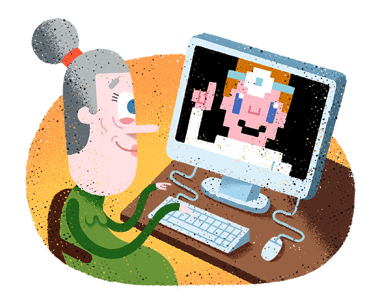 Piirroskuvassa nutturapäinen  nainen katsoo tietokoneen ruudulla näkyvää lääkäriä.