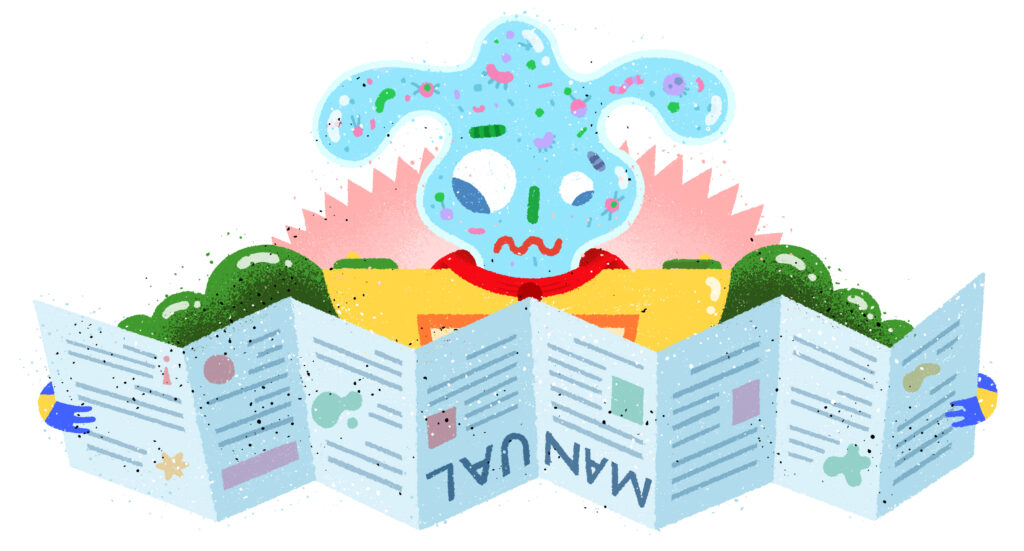 Piirroshahmo yrittää lukea ohjekirjaa, mutta pitää sitä käsissään ylösalaisin.