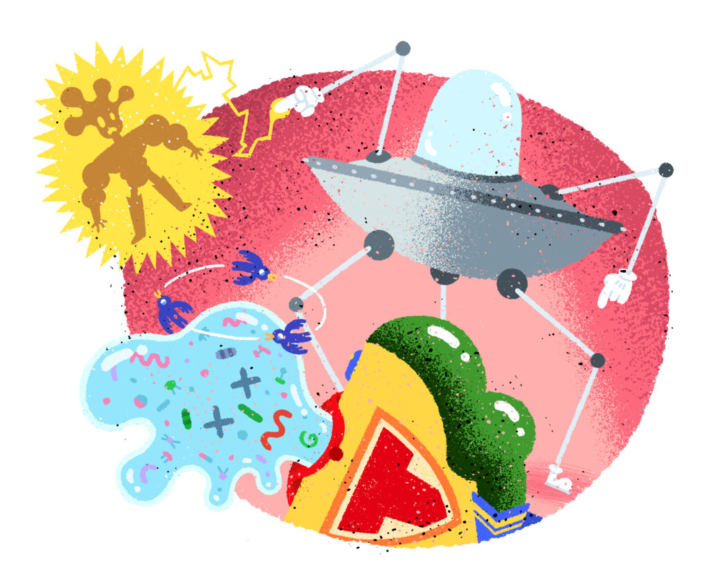 Piirroskuvitus, jossa avaruusaluksen näköinen laite tuhoaa soluja.