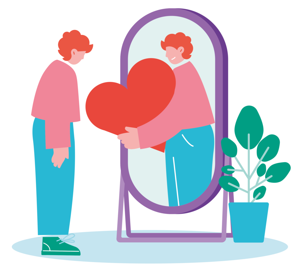 Piirretty hahmo katsoo peiliin alakuloisena, peilistä vastaa hymyilevä hahmo ja ojentaa ison sydämen. 
