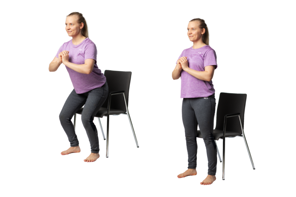 Kuvakollaasi, jonka toisessa kuvassa henkilö seisoo tuolin edessä kädet ristissä rinnan päällä. Toisessa kuvassa henkilö on istuutumassa tuolille.