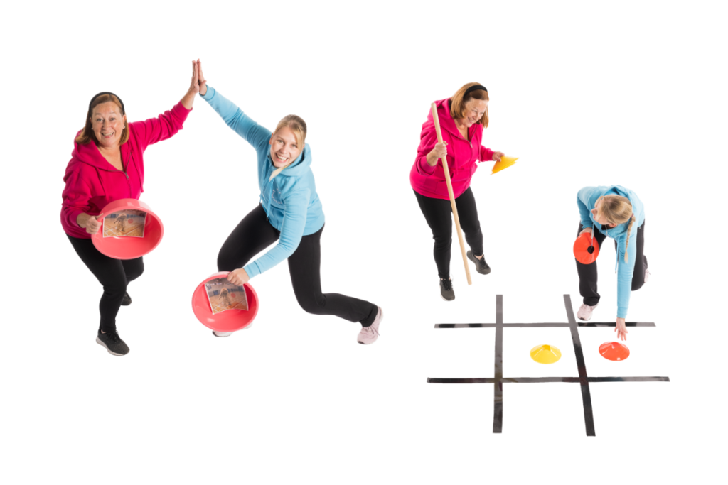 Kuvakollaasi, jonka toisessa kuvassa kaksi henkilöä pelaa muistipeliä vatien alle piilotettujen kuvien avulla. Toisessa kuvassa henkilöt pelaavat ristinollaa maahan merkityn ristikon ja kartioiden avulla.