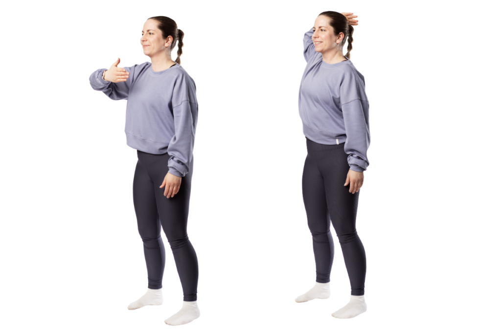 Kuvakollaasi, jossa henkilö tekee olkanivelen liikerataa avaavaa harjoitetta. Ensimmäisessä kuvassa henkilö pitää toista kättään rintakehänsä edessä ja toisessa kuvassa hän on nostanut käden päänsä yli takaraivon ylle. 