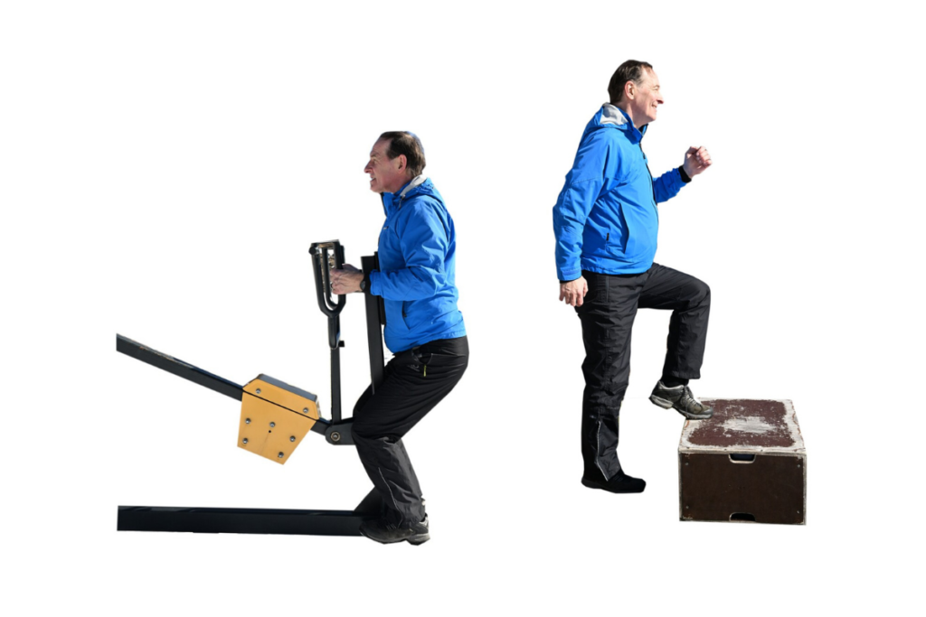 Kuvakollaasi, jonka toisessa kuvassa henkilö ylävartalon voimaharjoitetta ulkokuntosalilla. Toisessa kuvassa henkilö askeltaa puisen laatikon päälle.