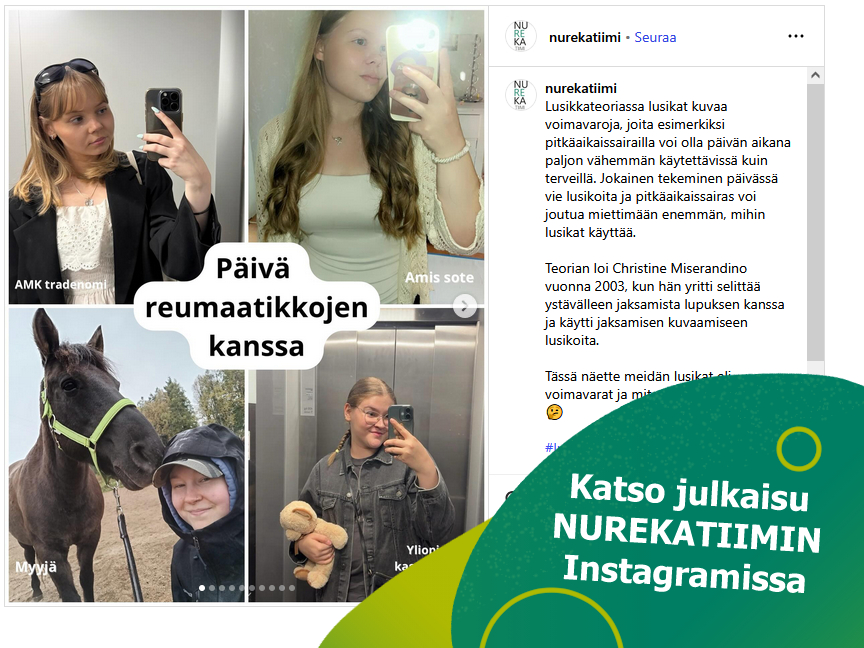 Päivä reumaatikkojen kanssa -instagramjulkaisu, jossa näkyy neljä nuorta ja tittelit, kuten AMK tradenomi, myyjä ja Amis sote. Teksti Katso julkaisu Nurekatiimin Instagramissa.