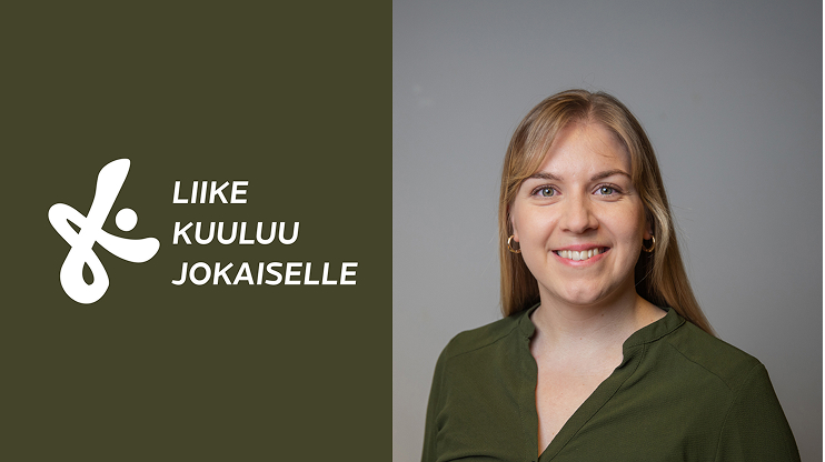 Hymyilevä nainen. Teksti Liike kuuluu jokaiselle.